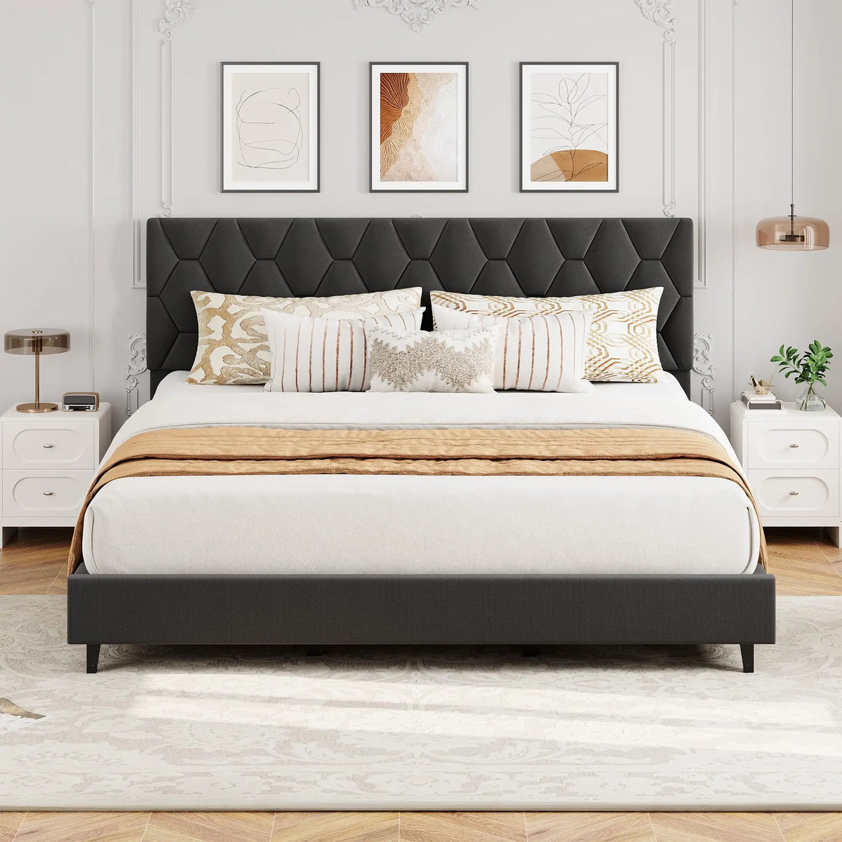 Noise-Free Upholstered Platform Bed Frame with Fabric Headboard - Heavy-Duty Slat Support, Non-Slip, No Box Spring Needed, Easy Assembly - KING Grey