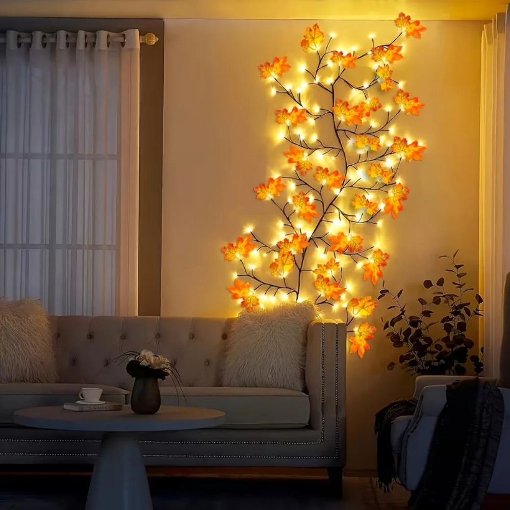 USB Maple Leaf Twig Branch Garland 48 LED Autumn String Lights Flexible Vine with 8 Lighting Modes for Indoor Thanksgiving Decor