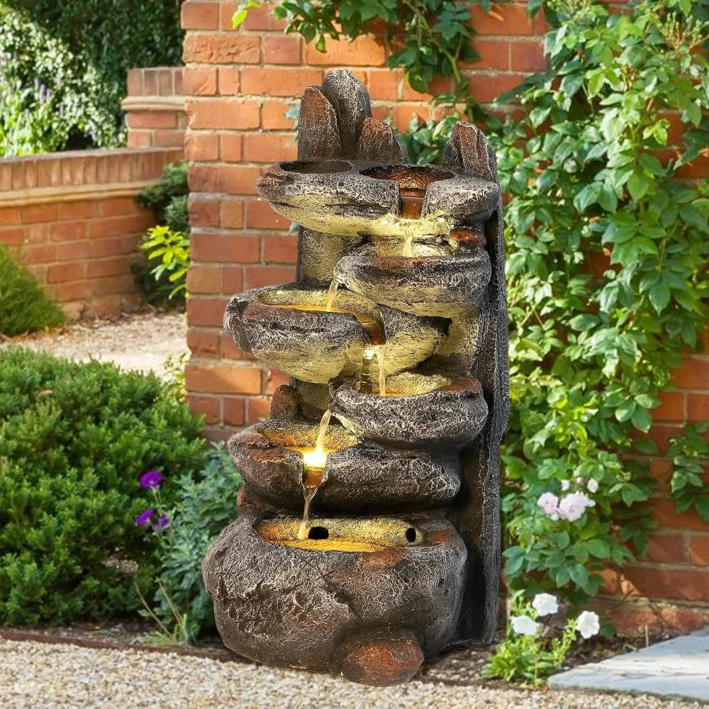 US Warehouse Hot Sale 6-Tier Cascading Rock Fountain with LED Lights