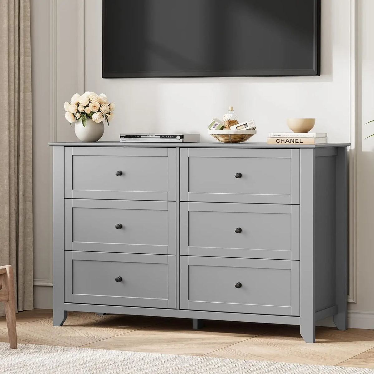 6-Drawer Dresser for Bedroom, 47.2" Wide Modern Large Chest of Drawers with Metal Knobs, Wooden Clothes Storage Organizer for Closet, Nursery, Living Room & Apartment