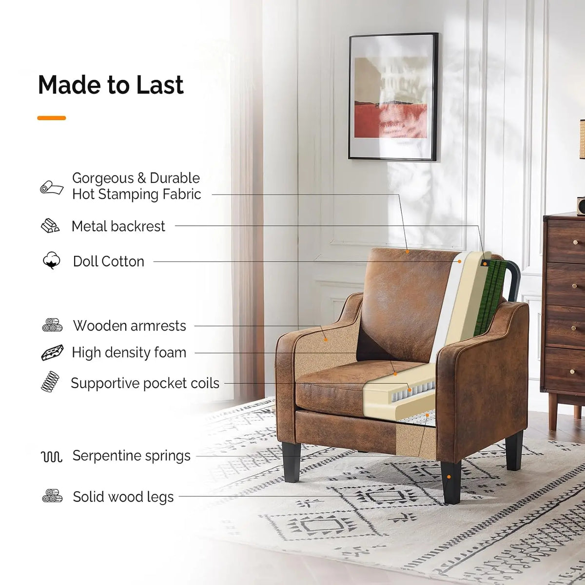 Accent Chairs Set of 2 Living Room Chairs Rustic Reading Chair for Bedroom Scooped Arm Chair Mid Century Modern, Customized