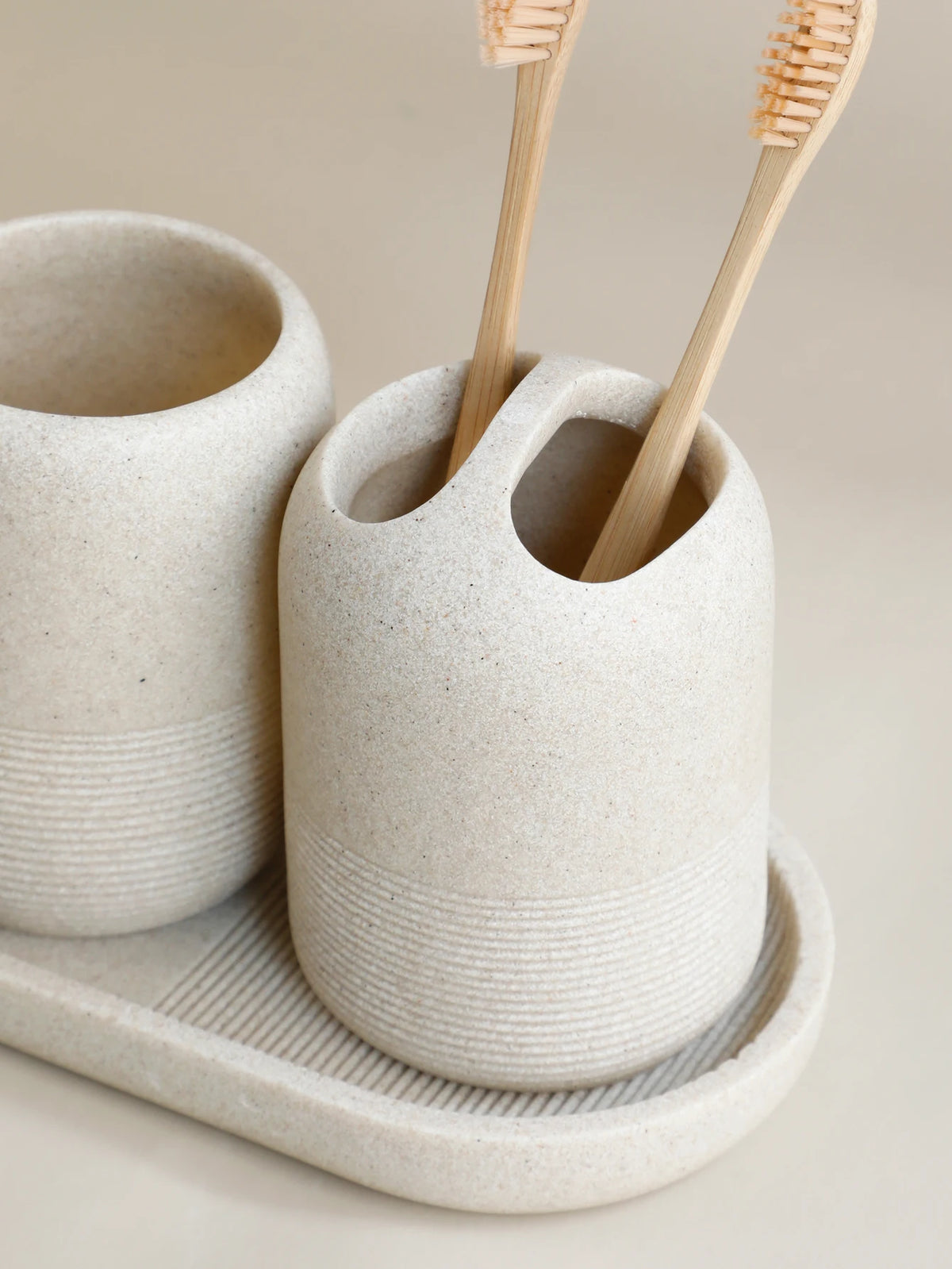 5Pcs Bathroom Accessories set  Lotion Dispenser Toothbrush Holder Tray Tumbler Cup Soap Dish Beige and Grey
