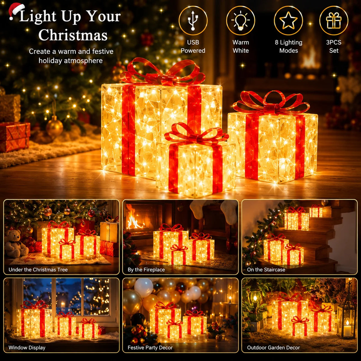 Christmas Lights Gift Box LED Lighted Presents USB Powered 3PCS Set Warm White 8 Modes for Tree Home Holiday Decor
