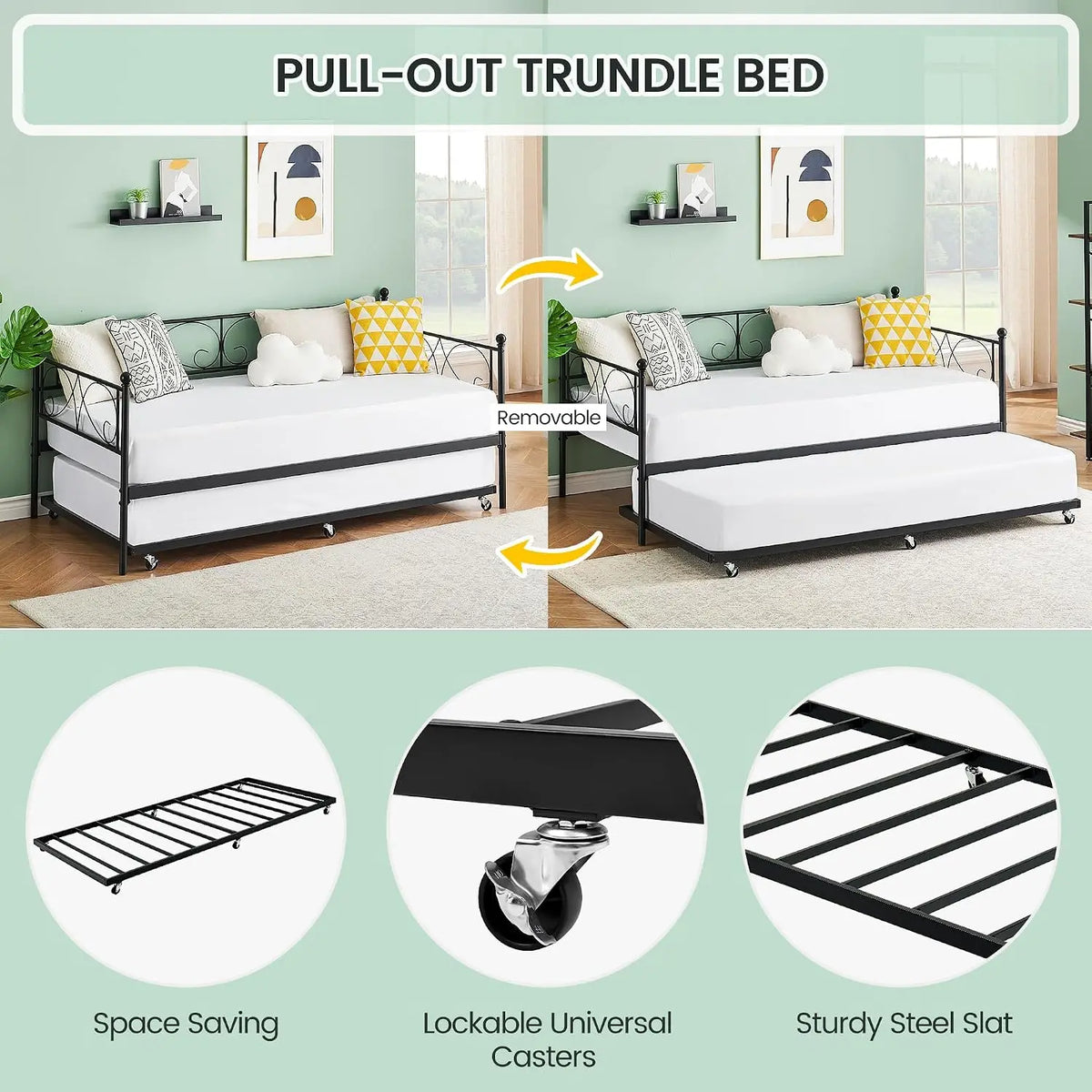 Sofa Bed with Pull-Out Trundle Bed for Bedroom/Living Room Twin Daybed with Trundle Upholstered Headboard & Charging Station Headboard Included No Box Spring Needed