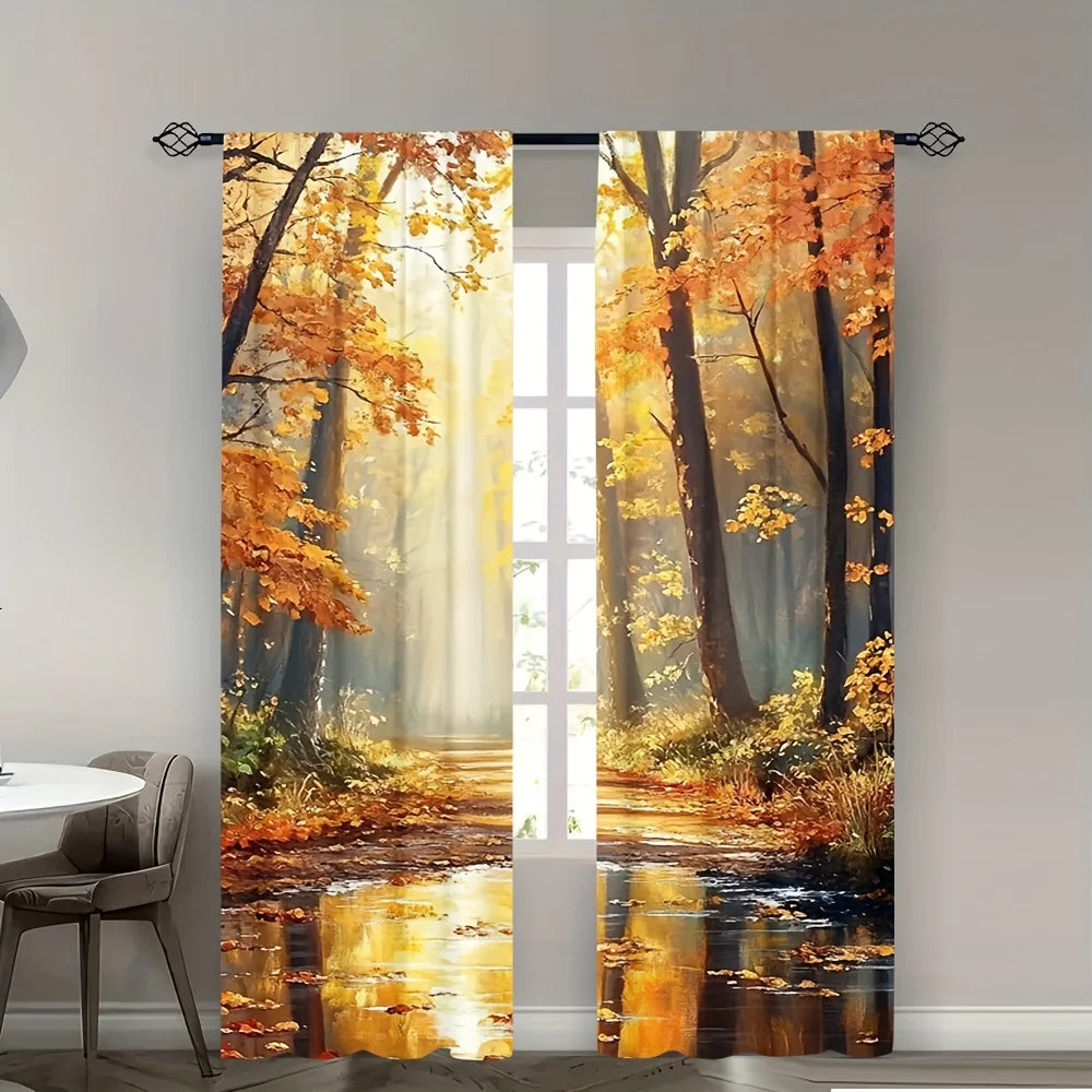 2pcs Autumn Forest Curtains Golden Sunlight Tree Window Drapes Fall Landscape Oil Painting Decor Living Room Bedroom
