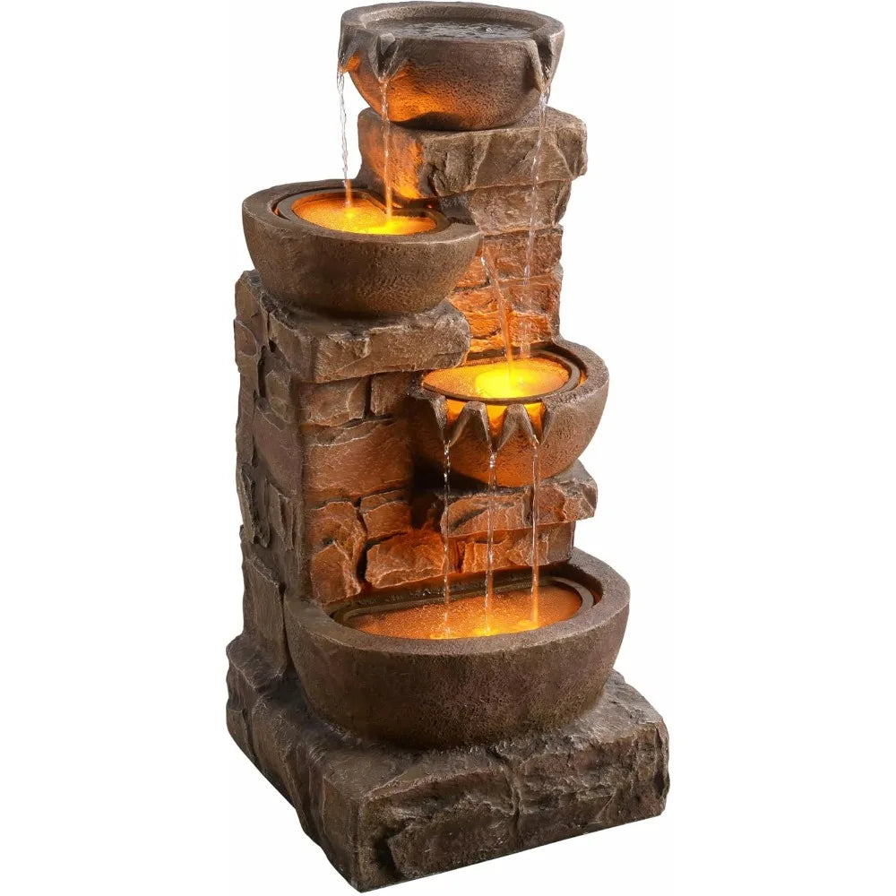 US Shipped   LED Waterfall Fountain with Cascading Bowls and Stacked Stones for Garden Patio