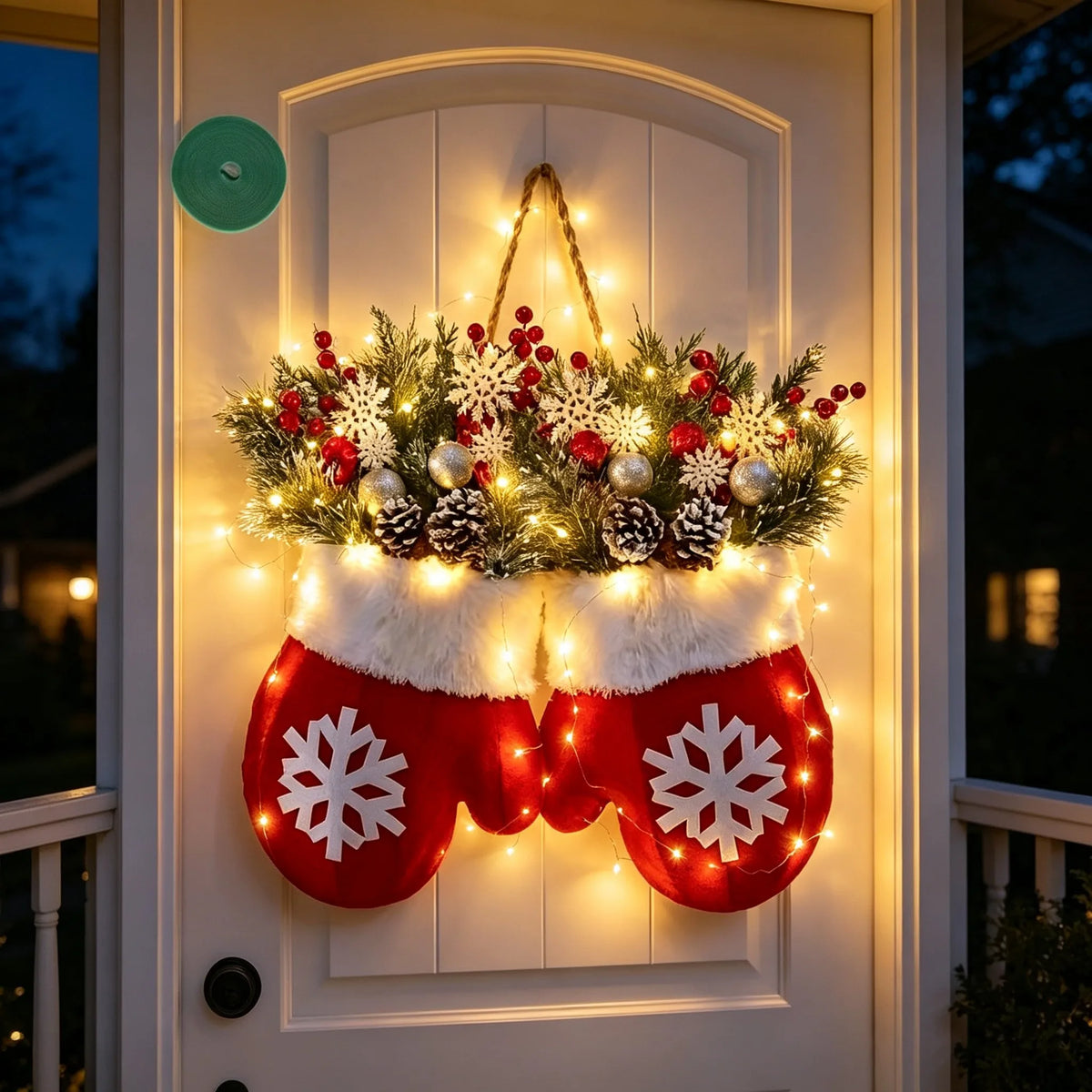 LED Twinkling Christmas Wreath with Twinkling & Artificial Pine Garland - Suitable for Front Door, Wall Decor, / Holiday Decoration - Plastic Mitten Wreath with Red Berries and Pine Branches