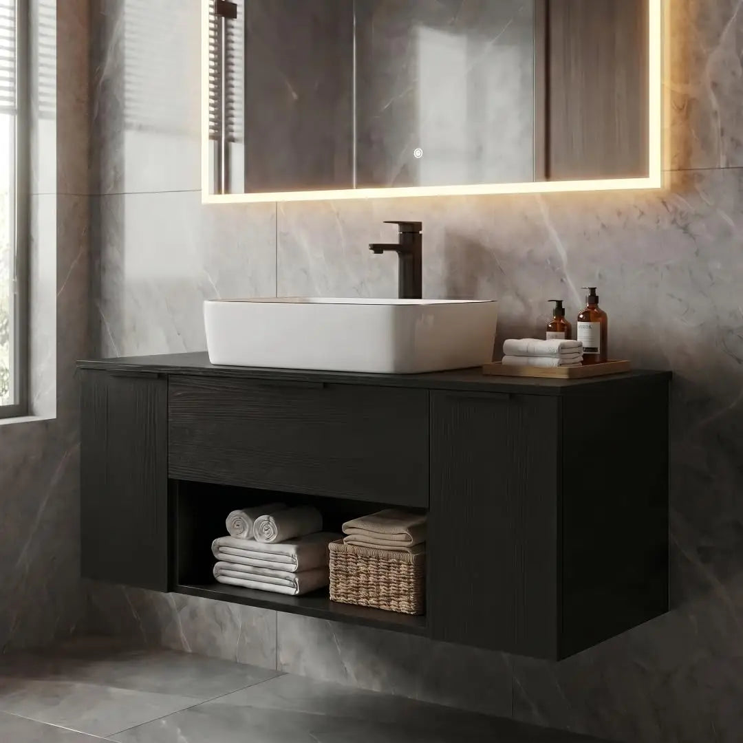 36'' Floating Bathroom Vanity with Sink, Wall Mounted Vanity, Black | Floating Bathroom Cabinets, Black handle, 1 Door