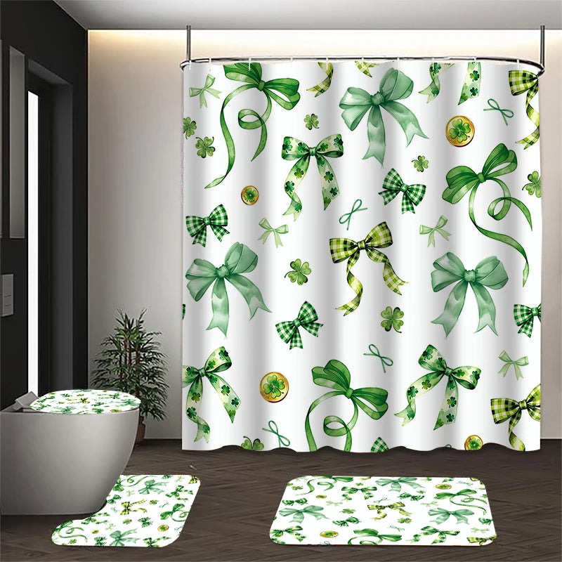 4-piece Green bow shower curtain set, toilet seat decoration, shower curtain with carpet and toilet lid, 12 70.8x70.8 inch