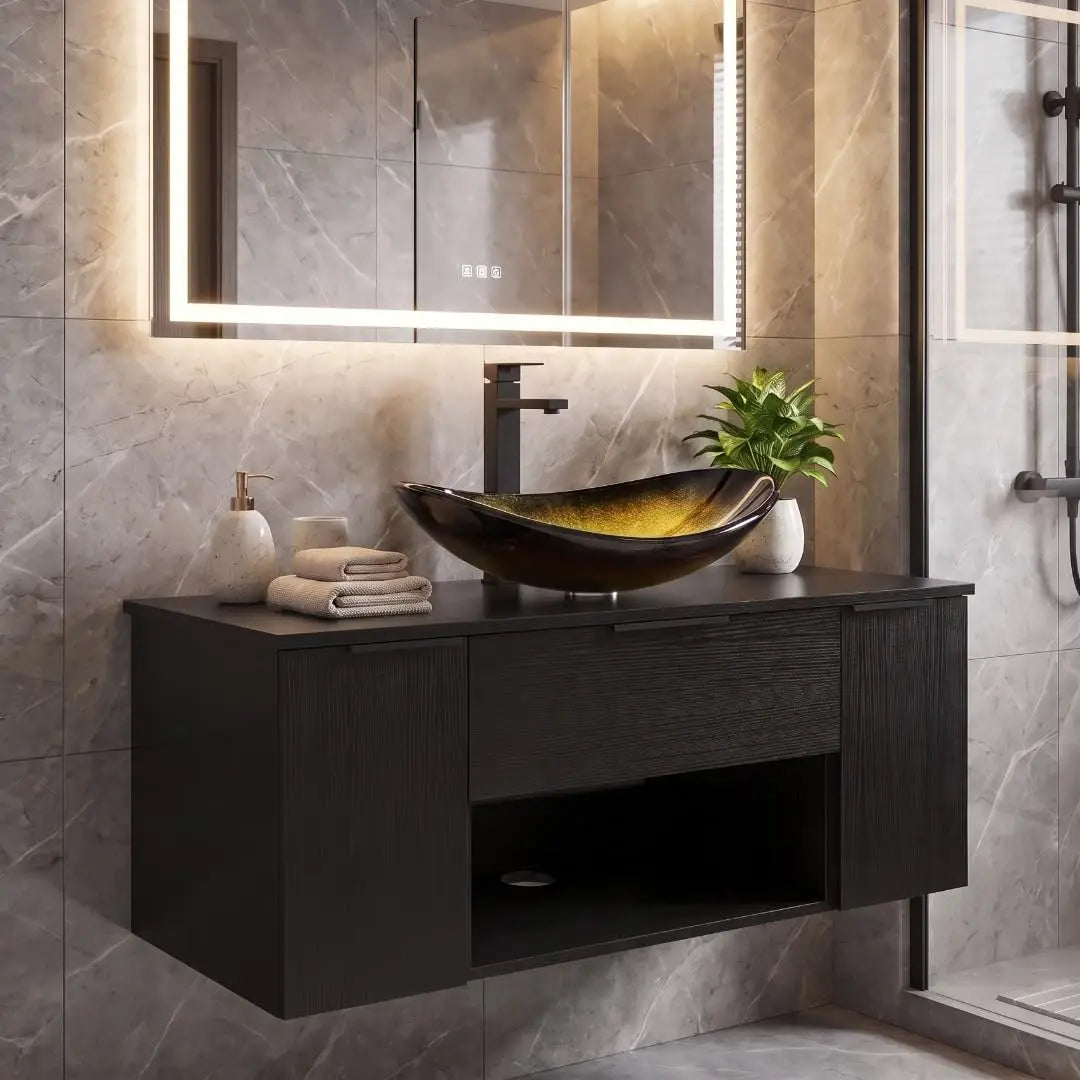 36'' Floating Bathroom Vanity with Sink, Wall Mounted Vanity, Black | Floating Bathroom Cabinets, Black handle, 1 Door