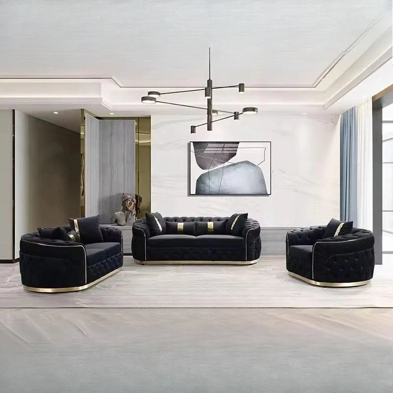 Luxury Chesterfield Sectional Sofa Set with Cloth Buttons and Fabric Modular Couch with Gold Stainless Steel Base, 3-seater Sofa