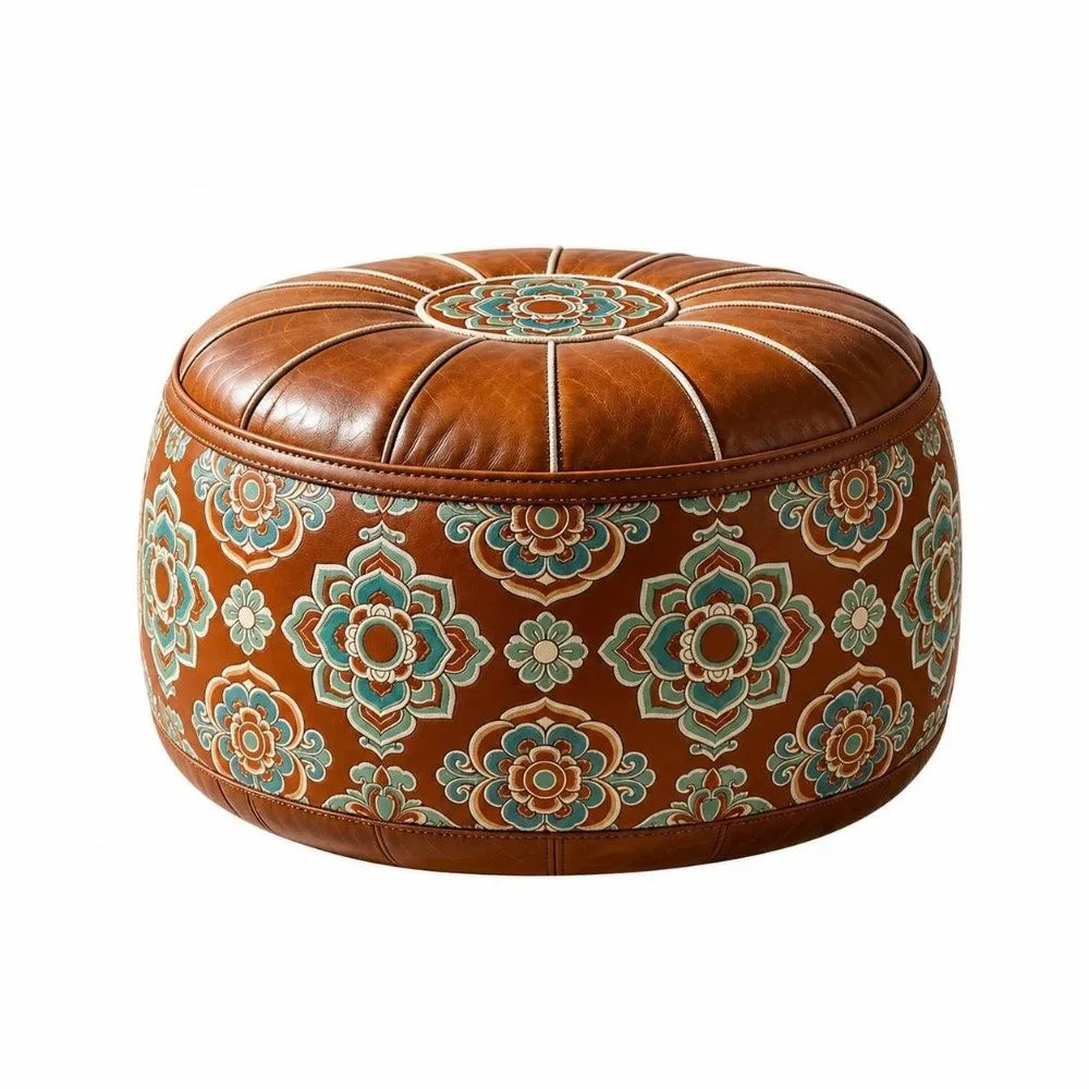New PU Leather Fillable Ottoman Pouf Embroidered Pattern Moroccan Style Storage Ottoman Round Shape Round Pouf Cover Living Room