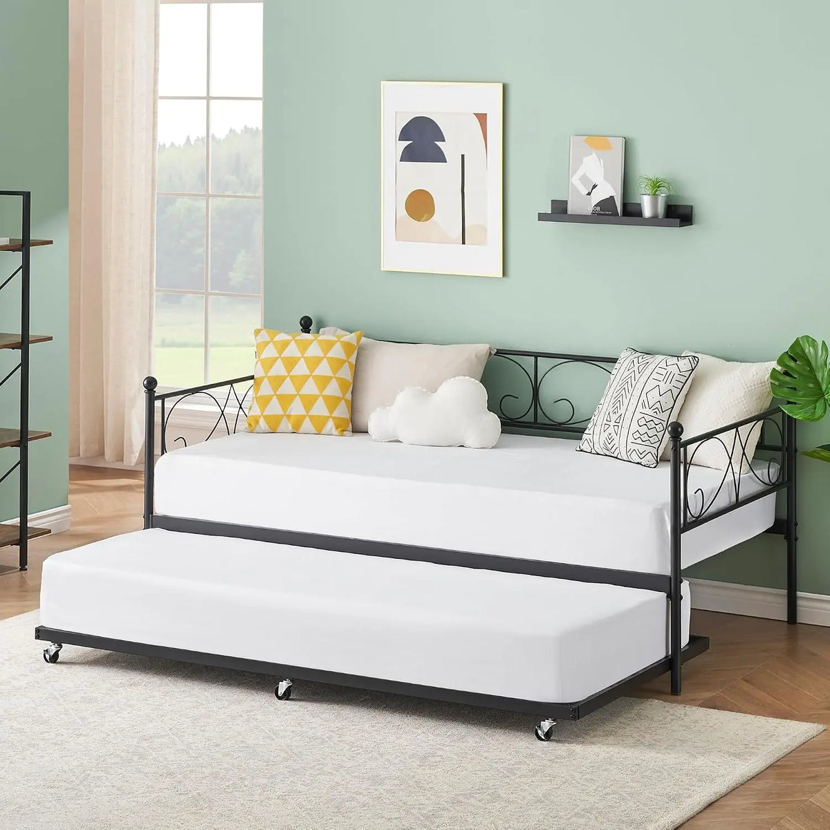 Sofa Bed with Pull-Out Trundle Bed for Bedroom/Living Room Twin Daybed with Trundle Upholstered Headboard & Charging Station Headboard Included No Box Spring Needed