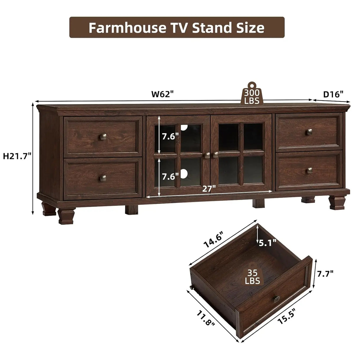 Farmhouse TV Stand with Glass Doors for Living Room, Walnut, Customized