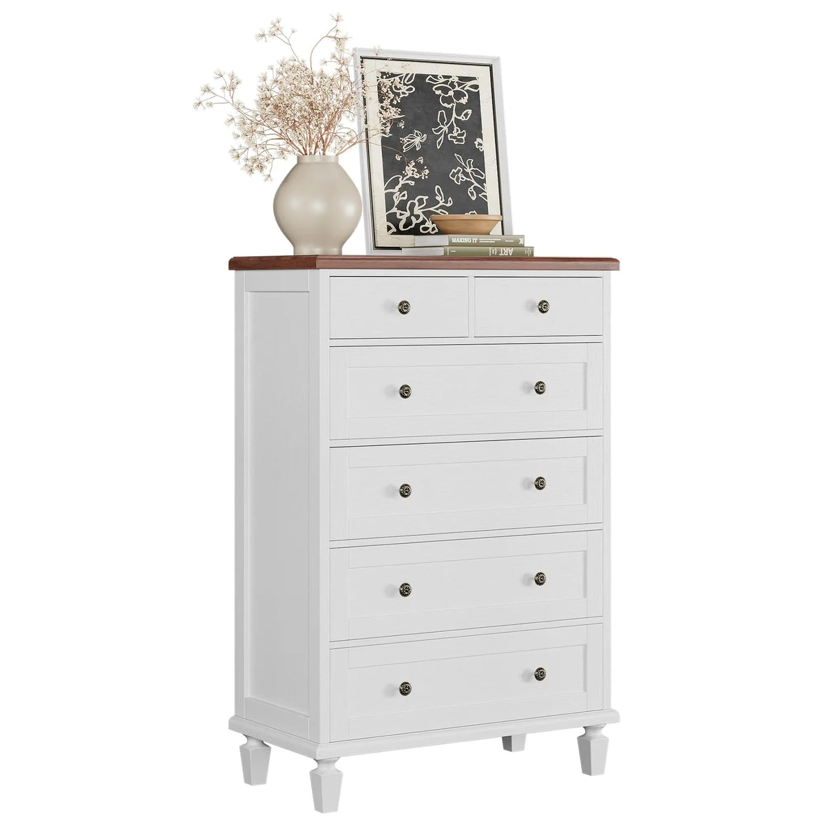 47 Inch 6 Drawer Dresser For Bedroom, Vintage White Chest Of Drawers With Carved Metal Handles, Tapered Legs & Large Storage