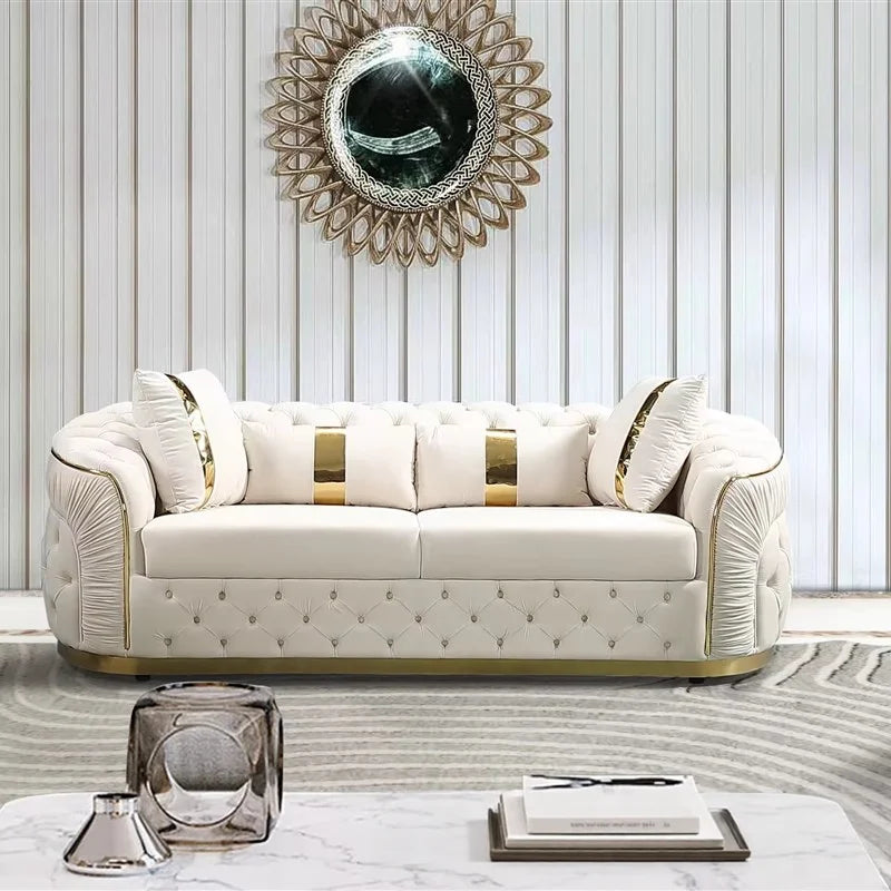 Luxury Chesterfield Sectional Sofa Set with Cloth Buttons and Fabric Modular Couch with Gold Stainless Steel Base, 3-seater Sofa