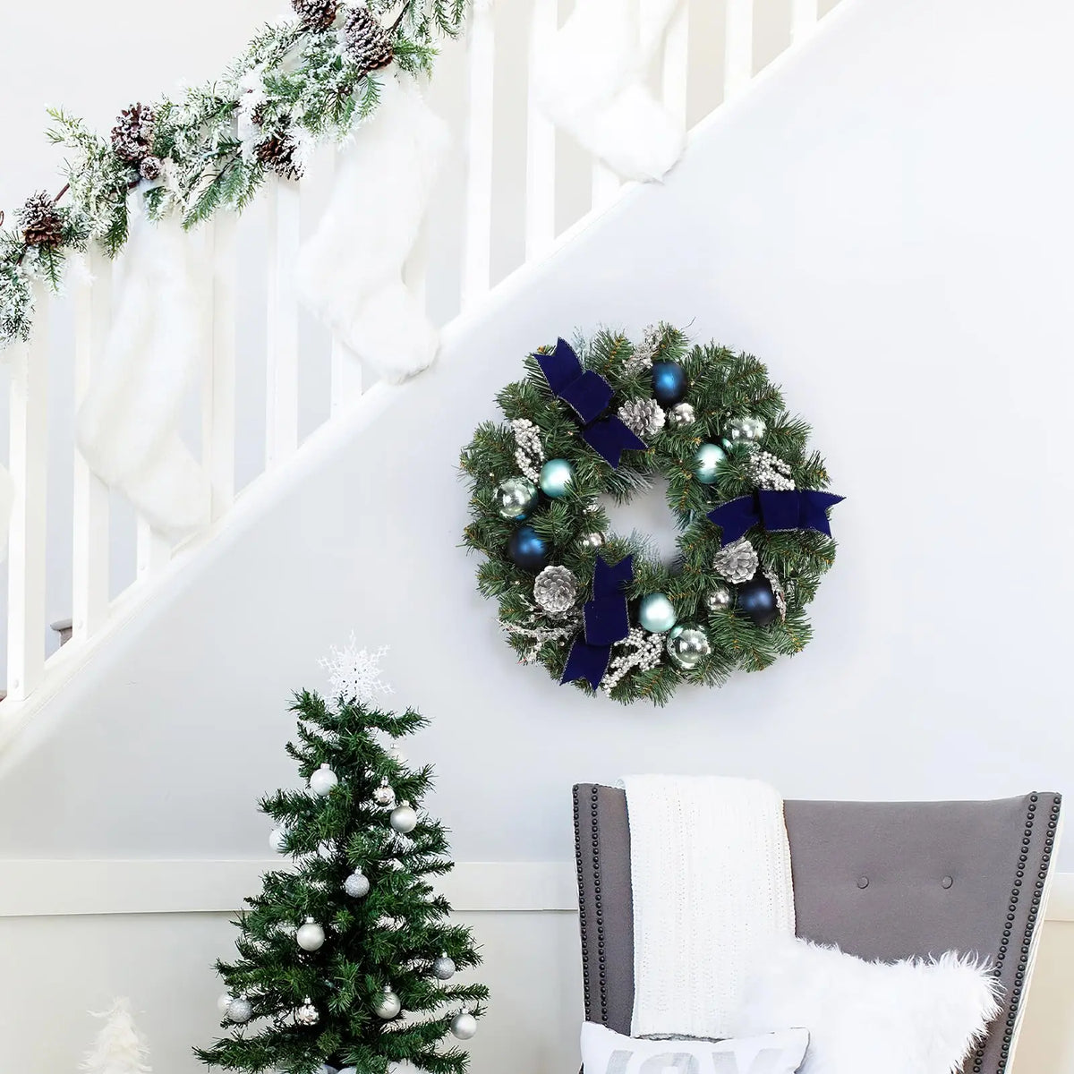 18 Inch Lighted Christmas Wreath For Front Door With 15 Warm Led Lights Blue Silver Ornaments Velvet Bows Winter Porch Wall Decor