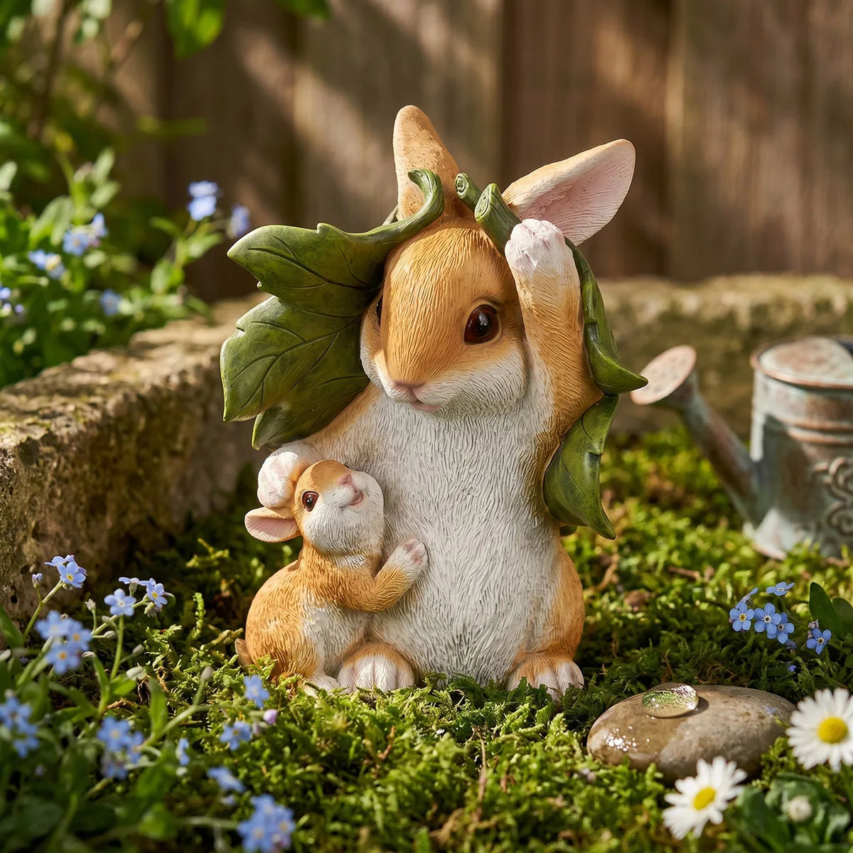 Cute Resin Bunny Rabbit Figurine, Mother & Baby Under Leaf Shelter, Garden Decor, Easter Spring Ornament, Home Accents