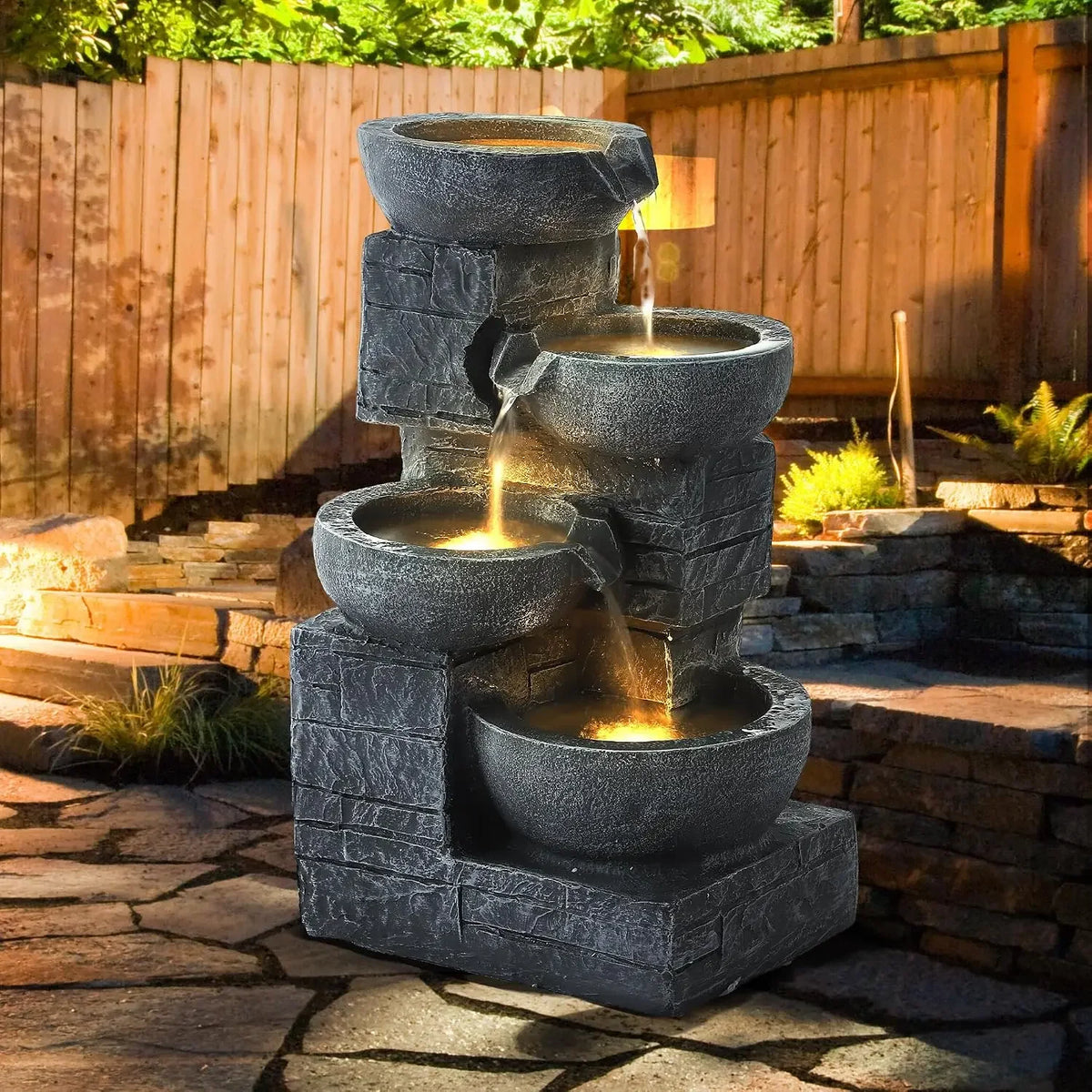 Outdoor Water Fountains, 4-Tier Fountains and Waterfalls with Lights | Indoor/Outdoor Garden Cascading Rock, Floor Standing Wate