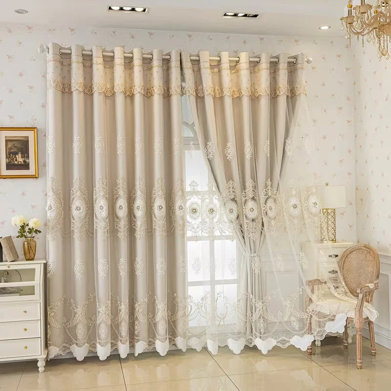 1pc Double Layer Curtain with Sheer Fabric,French Lace Embroidery,Modern Minimalist Design,Ideal for Living Room & Bedroom Decor