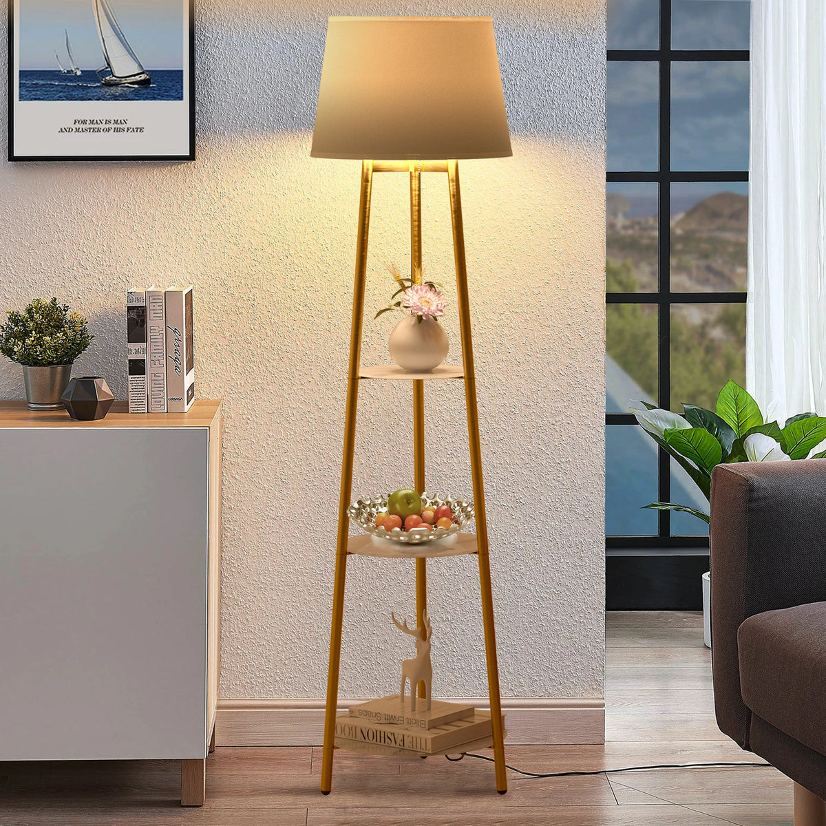 Modern Tripod Floor Lamp with 3 Shelves Adjustable Dimmable LED Corner Standing Lamp for Living Room Bedroom Storage
