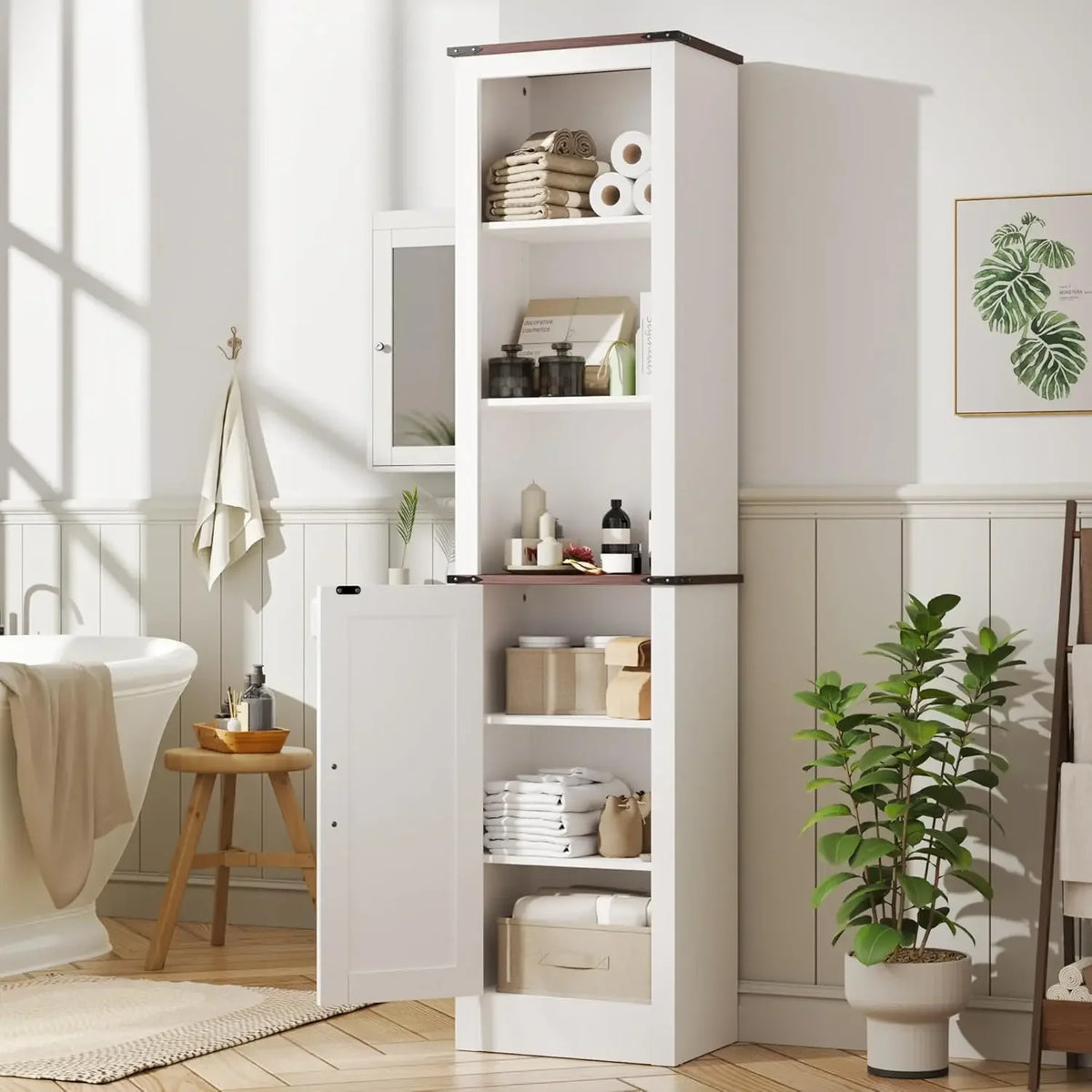 71" Tall Bathroom Storage Cabinet, Farmhouse Storage Cabinet with Adjustable Shelves, Narrow Linen Tower Cabinet for Bathroom, L
