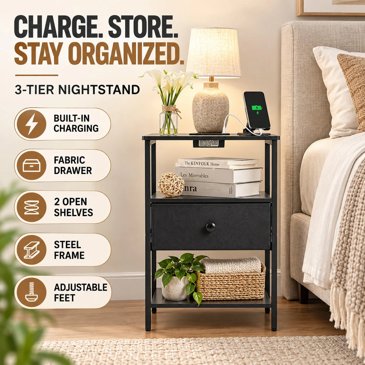 3 Tier Nightstand with Charging Station Fabric Drawer Open Storage Shelves Alloy Steel Frame Bedside End Table Side Table for Bedroom Living Room Small Spaces