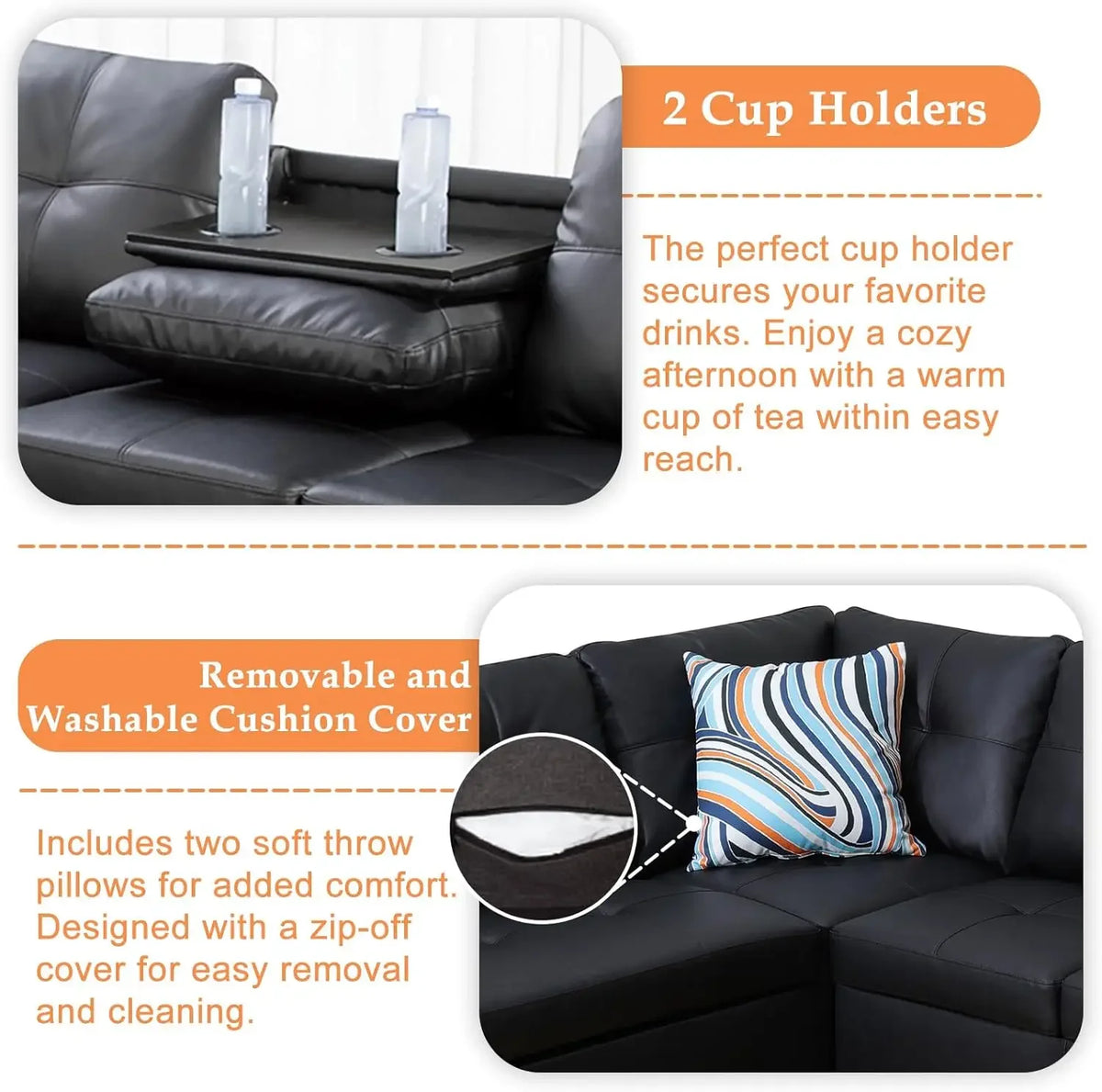 Modern L Shaped Faux Leather Sectional Sofa Set With Chaise Ottoman Cup Holder And Pillows Black
