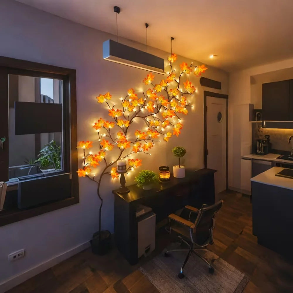 USB Maple Leaf Twig Branch Garland 48 LED Autumn String Lights Flexible Vine with 8 Lighting Modes for Indoor Thanksgiving Decor