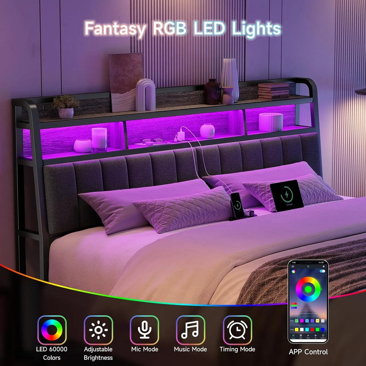 ONBRILL King Size Upholstered Headboard with Storage, RGB LED Lights and Charging Station, Black & Gray Linen Padded Headboard for Bedroom