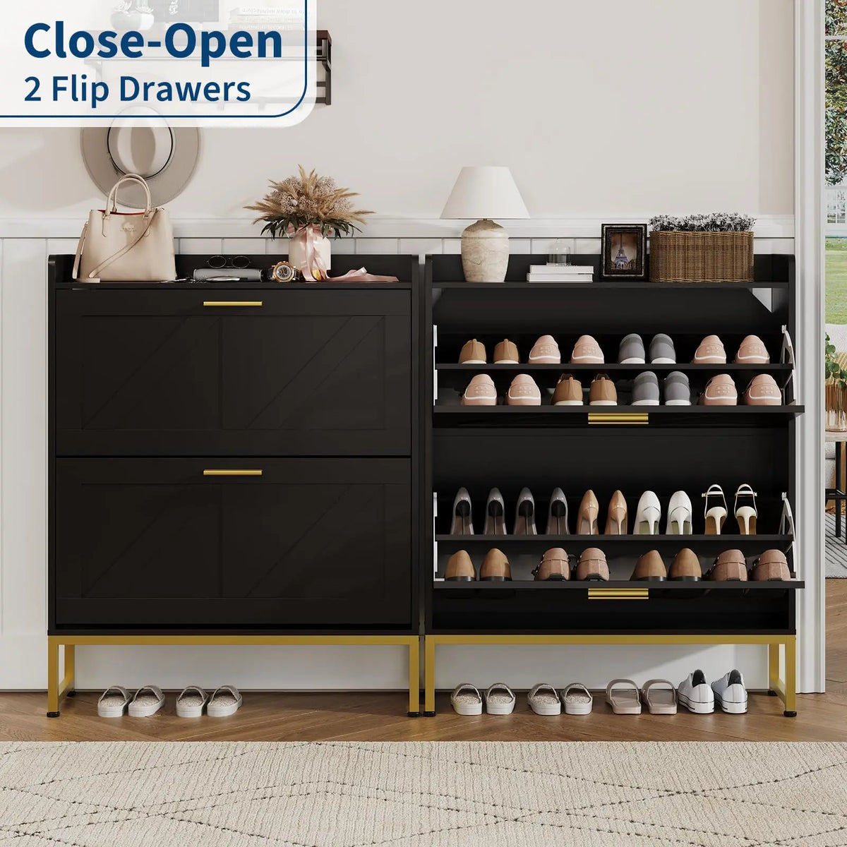 Narrow Shoe Cabinet For Entryway With 2-Tier Flip Drawers, Adjustable Shelves, Dustproof Back Panel, Freestanding Organizer