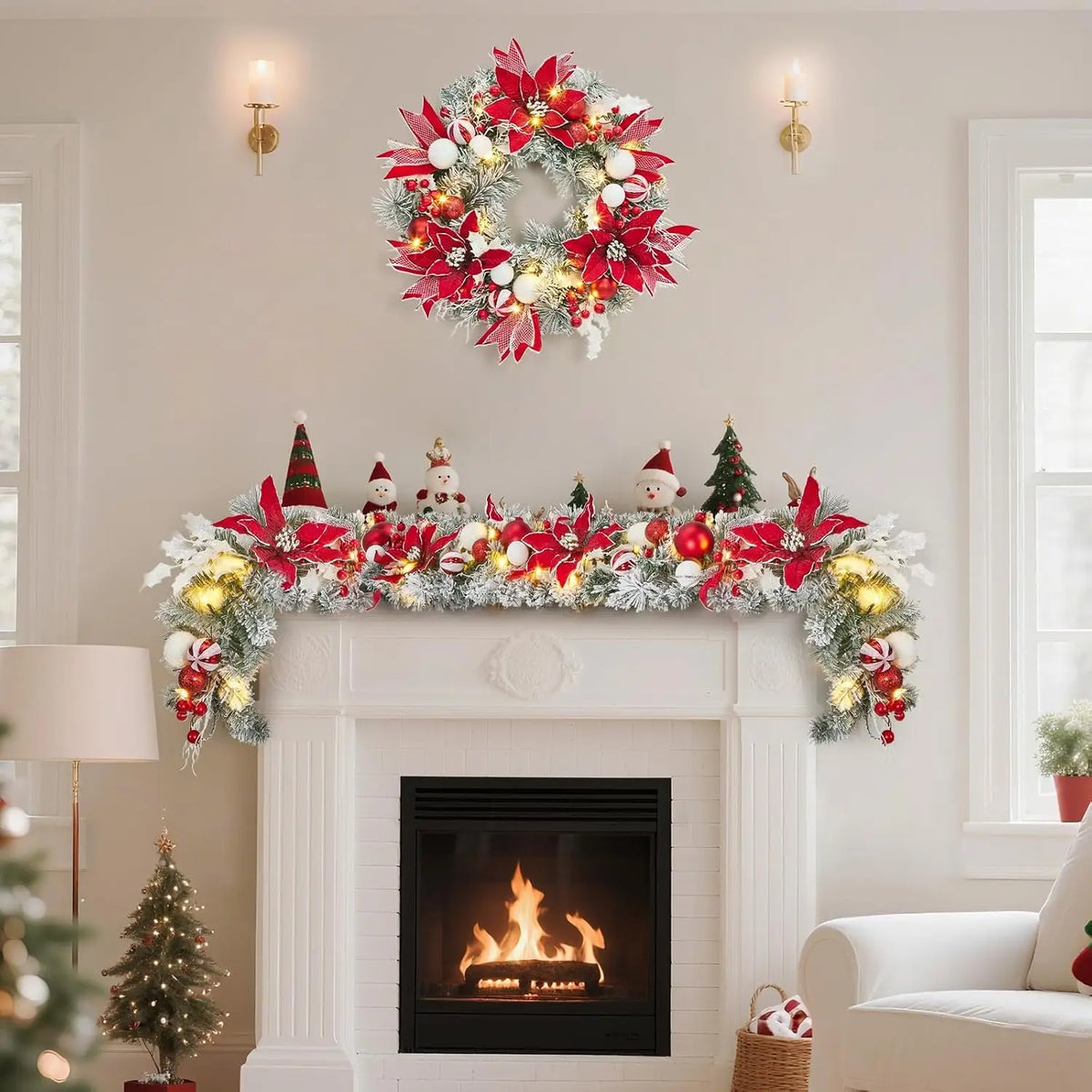 Garvee 6FT Christmas Garland Rattan Wreath Great for Christmas, Winter and New Year Decoration For Table Wall Fireplace Stair Christmas Decor with Lights, Red Twig Pine Decor, 8 Lighting Modes