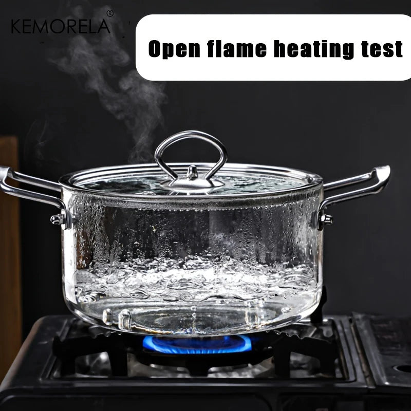 KEMORELA 1PCS Glass Cooking Pot 2.5L/3.5L Heat Resistant Simmer Pot Dual Handles Pots with Pot Lid Borosilicate Glass Cookware