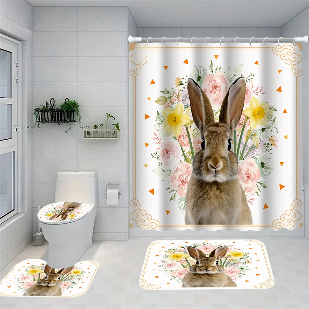 4/1 Easter Bunny shower curtain set, toilet seat decoration, shower curtain with carpet and toilet lid, size 70.8x70.8 in
