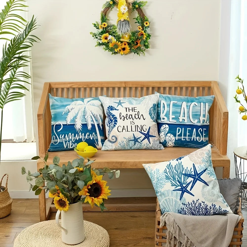 4pcs Summer Beach Pillow Covers - Geometric Design, Zippered & Machine Washable for Any Room Decor