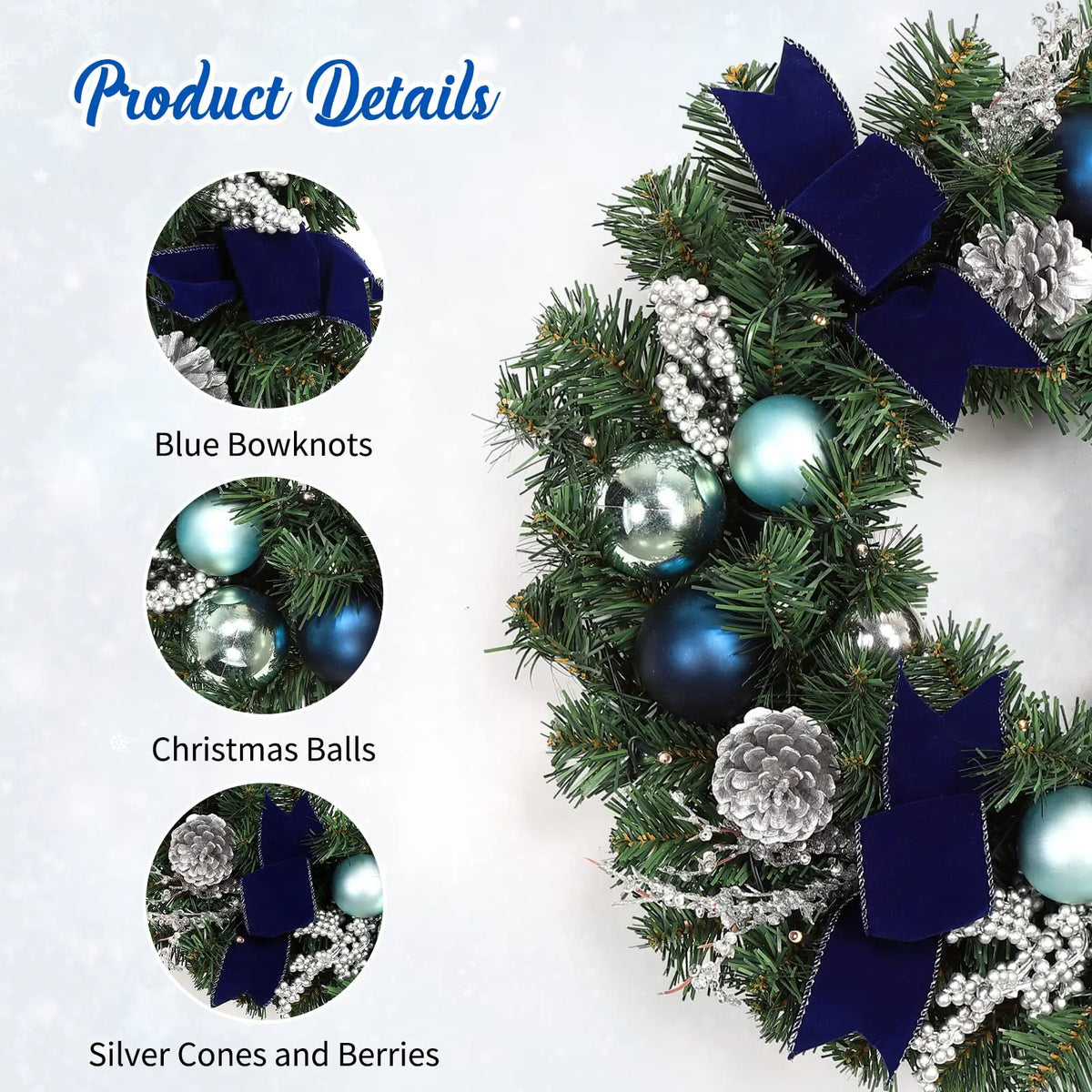 18 Inch Lighted Christmas Wreath For Front Door With 15 Warm Led Lights Blue Silver Ornaments Velvet Bows Winter Porch Wall Decor