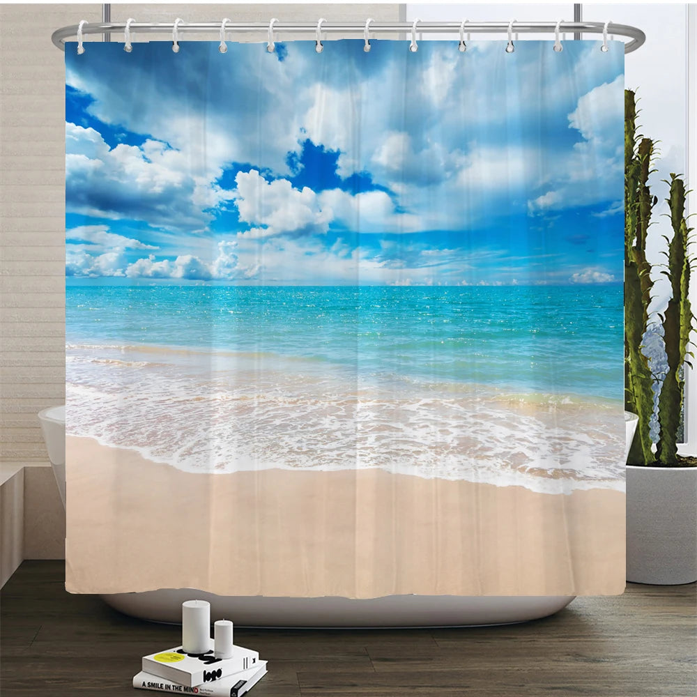3d Beach Scenery Shower Curtains Sea Ocean Mediterranean Bathroom Curtain Waterproof Cloth Decoration 180*240cm Bath Curtain