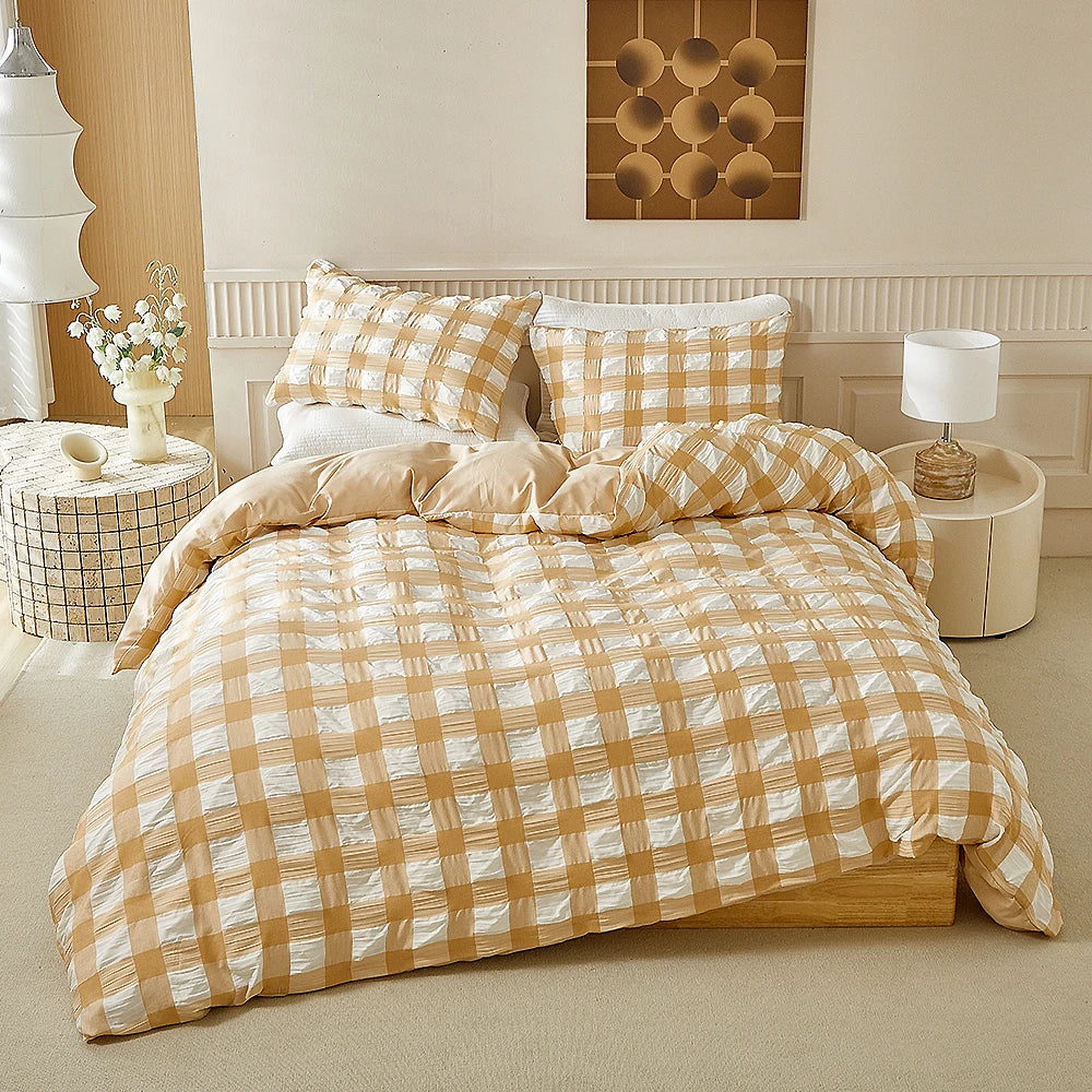 Fresh Seersucker Single Double Quilt Cover Set Soft Comfortable Duvet Cover Set 240x220 Versatile Bedroom Bedding Set King Size