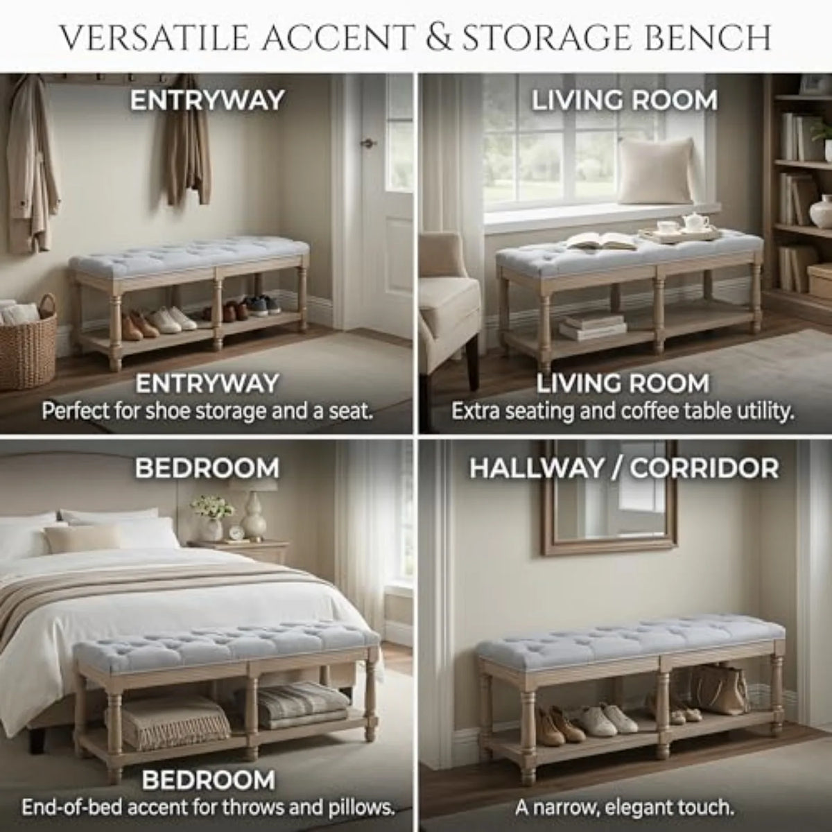 Shoe Rack Bench Storage Vintage Bedroom Padded Bench Seat End of Bed, Fabric Tufted Farmhouse French Entryway Bench