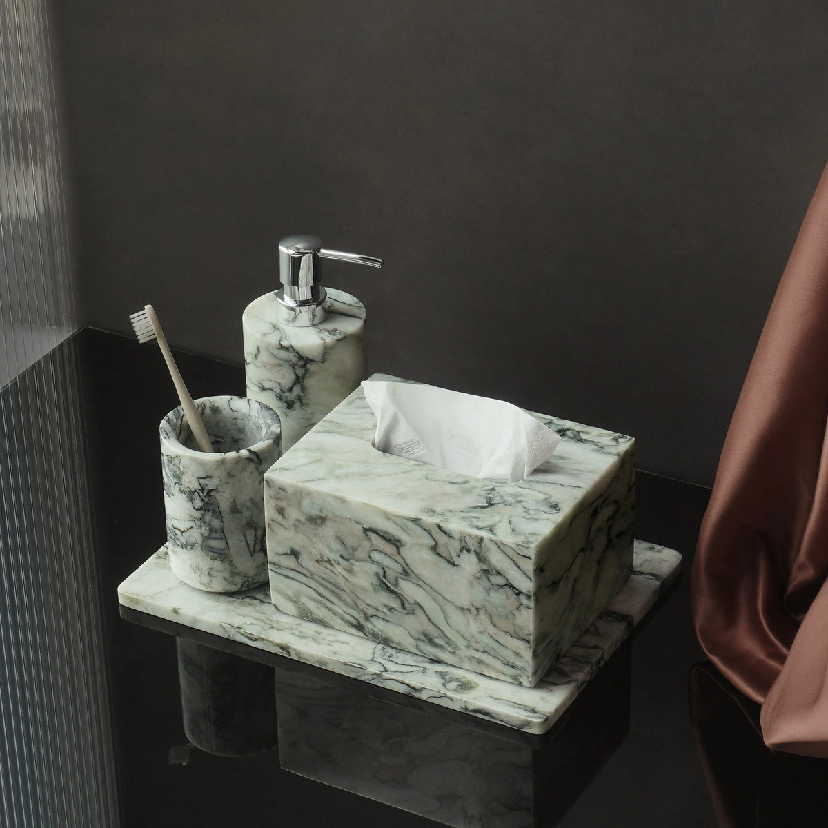 Cold Emerald Natural Marble Bathroom Accessories Set Luxury Soap Dispenser Soap Dish Toothbrush Holder Vanity Tray Kit Bathroom