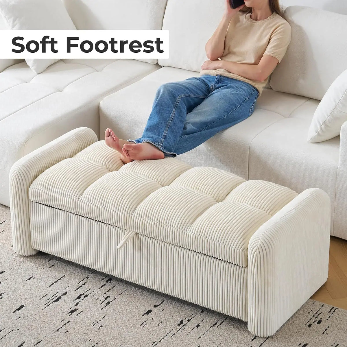 Oversized Corduroy Storage Ottoman Bench, Upholstered End of Bed & Living Room Foot Rest, Beige, Customized