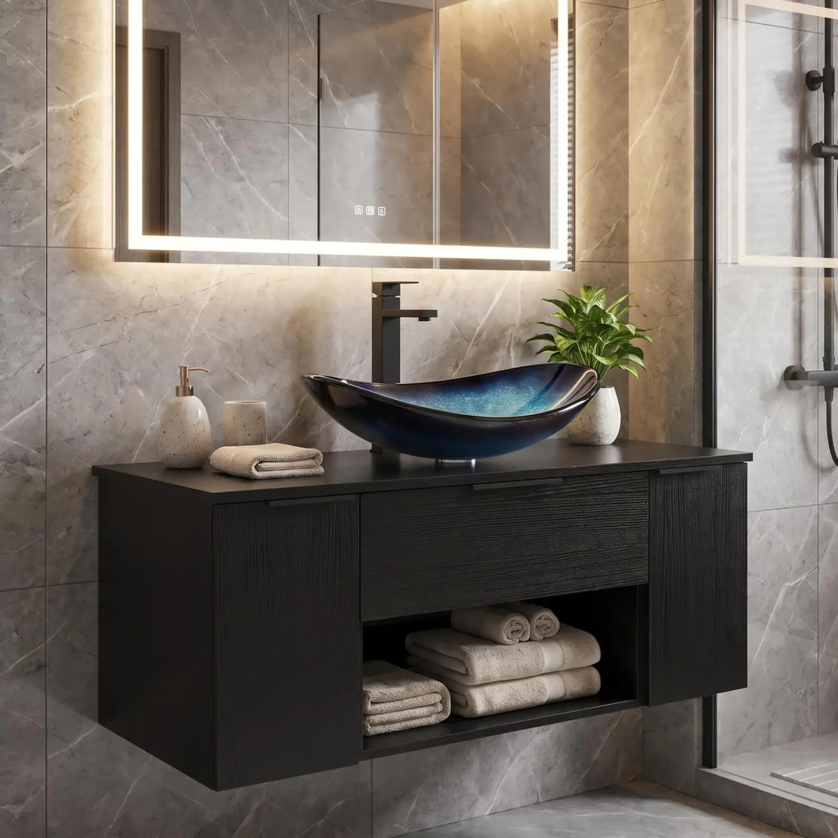36'' Floating Bathroom Vanity with Sink, Wall Mounted Vanity, Black | Floating Bathroom Cabinets, Black handle, 1 Door