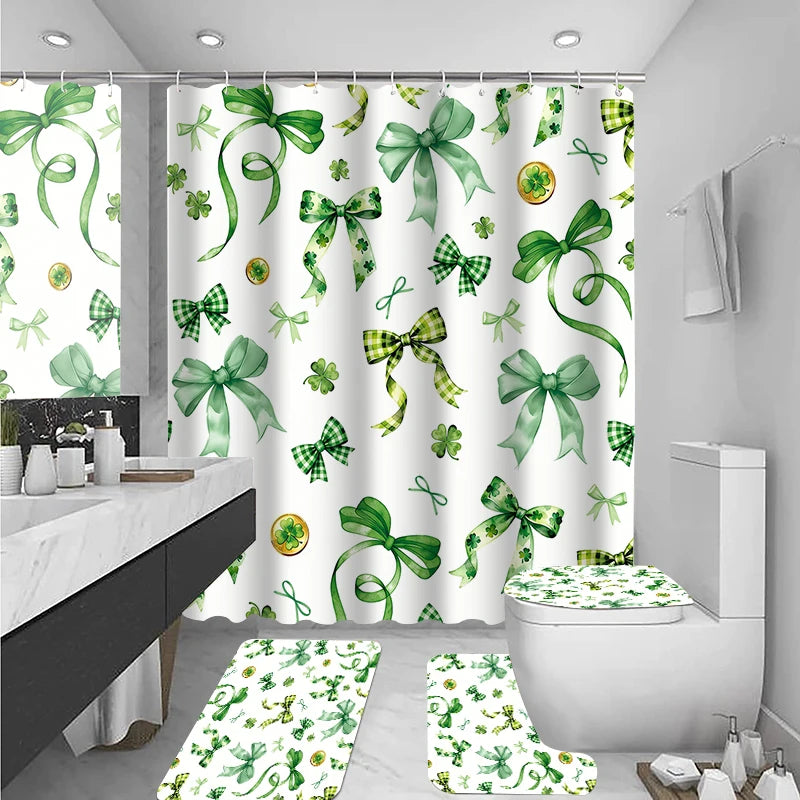 4-piece Green bow shower curtain set, toilet seat decoration, shower curtain with carpet and toilet lid, 12 70.8x70.8 inch