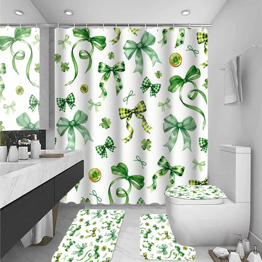 4-piece Green bow shower curtain set, toilet seat decoration, shower curtain with carpet and toilet lid, 12 70.8x70.8 inch