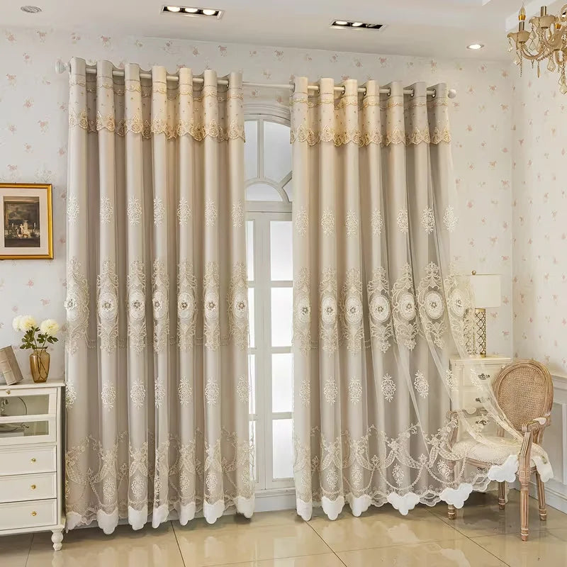 1pc Double Layer Curtain with Sheer Fabric,French Lace Embroidery,Modern Minimalist Design,Ideal for Living Room & Bedroom Decor