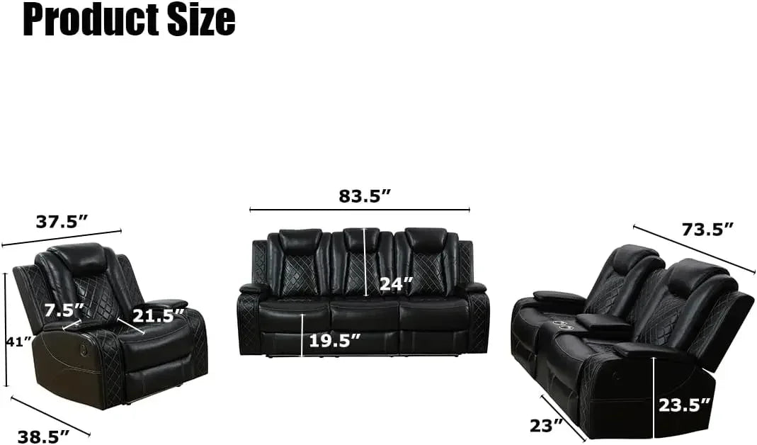 Modern Sectional Power Reclining Sofa Set With Storage Console LED Lights Black Leather