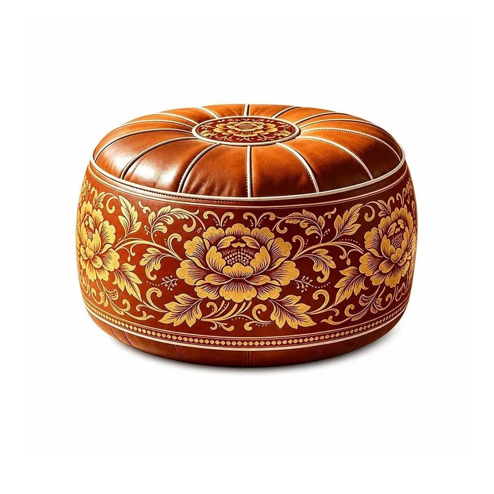New PU Leather Fillable Ottoman Pouf Embroidered Pattern Moroccan Style Storage Ottoman Round Shape Round Pouf Cover Living Room