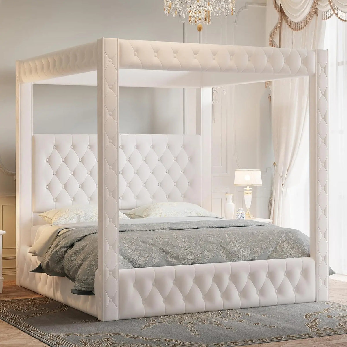 King Canopy Bed Frame Velvet Upholstered Deep-tufted Headboard 74.8" Tall Four Poster USB-A & USB-C Outlets No Box Spring 45-Min