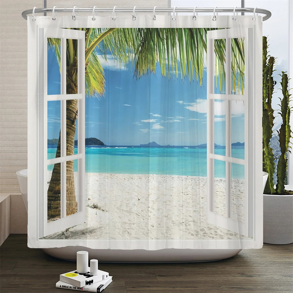 3d Beach Scenery Shower Curtains Sea Ocean Mediterranean Bathroom Curtain Waterproof Cloth Decoration 180*240cm Bath Curtain