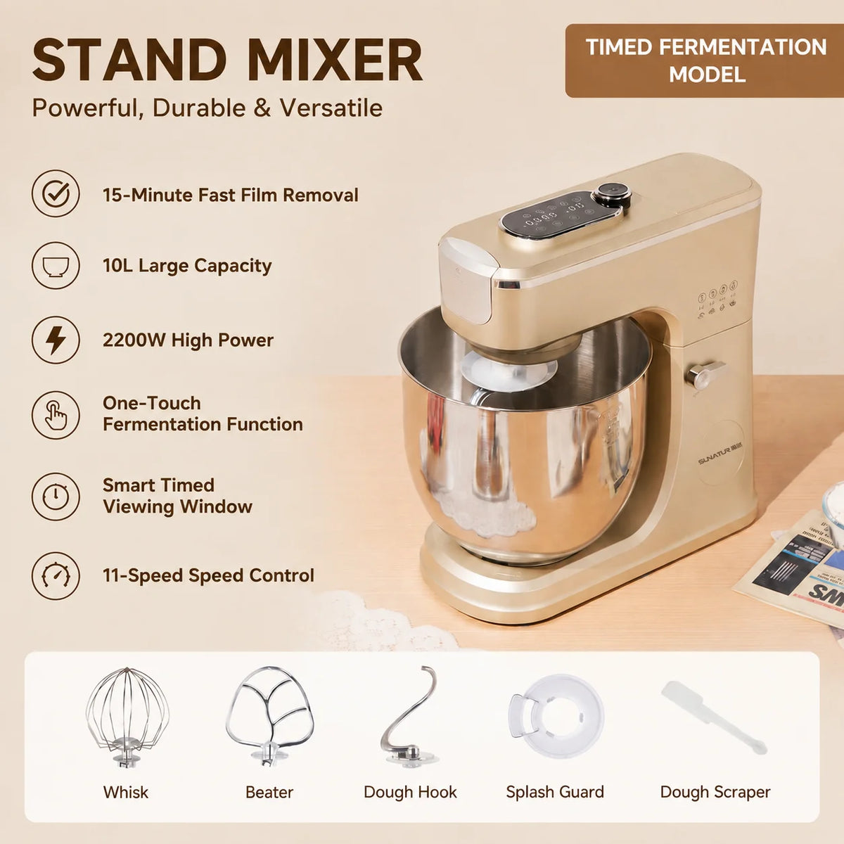 SUNATUR 10L Stand Mixer 2200W All-Metal Gear, Stainless Steel Bowl, 6 Speed Dough Kneader, Optional Fermentation Function